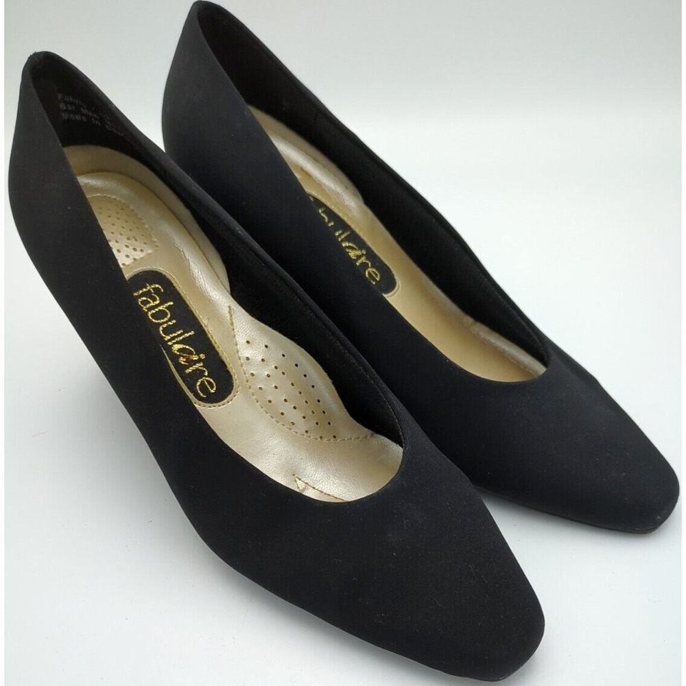 Fabulaire Black Satin‎ Pumps Block Heeled Gold Accent Womens Size 7 Dress Shoes